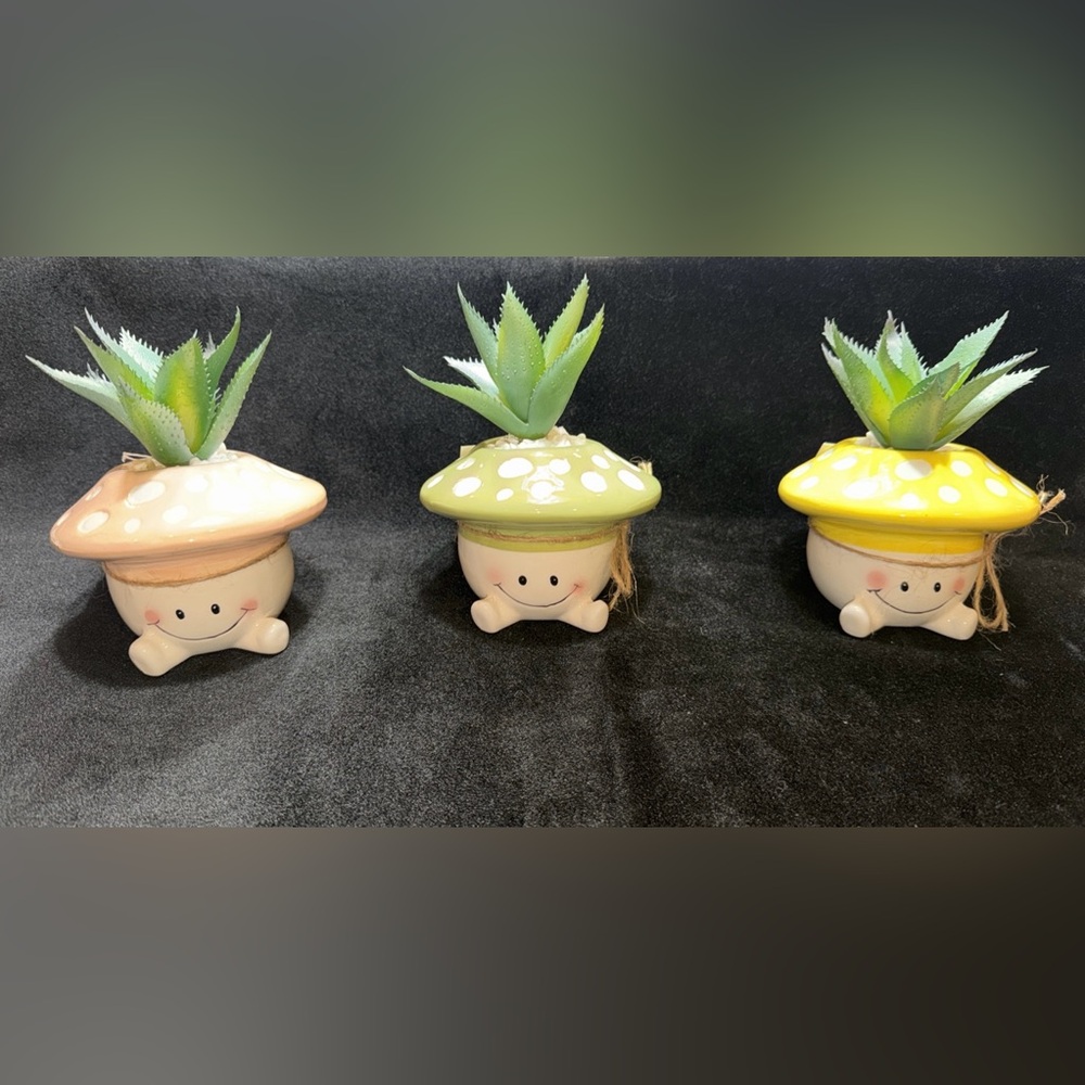 ADORABLE ceramic mushrooms with faux succulent